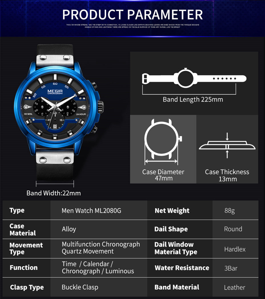 MEGIR Fashion Military Watches for Men Luxury Quartz Sport Wrist Watch Calendar Luminous Waterproof Man Clock Chronograph 2080-9