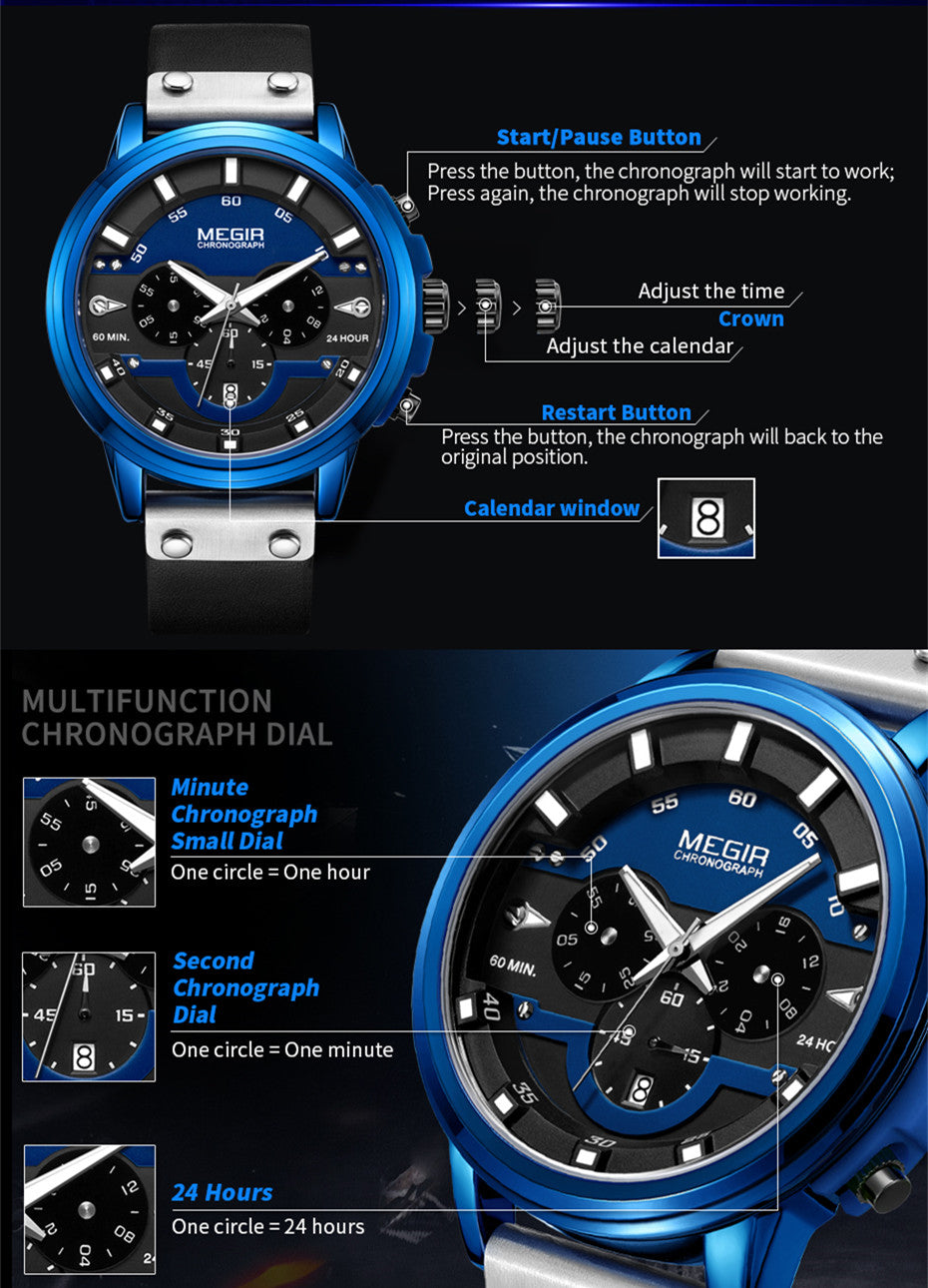 MEGIR Fashion Military Watches for Men Luxury Quartz Sport Wrist Watch Calendar Luminous Waterproof Man Clock Chronograph 2080-10