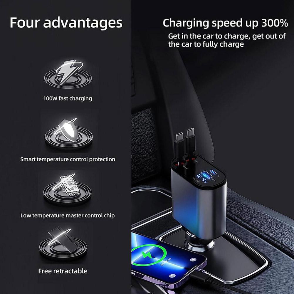 4 in 1 Retractable Charger شاحن سيارة 4 في 1 بسلك قابل للسحب – شحن سريع ومنظم لجميع أجهزتك في السعودية