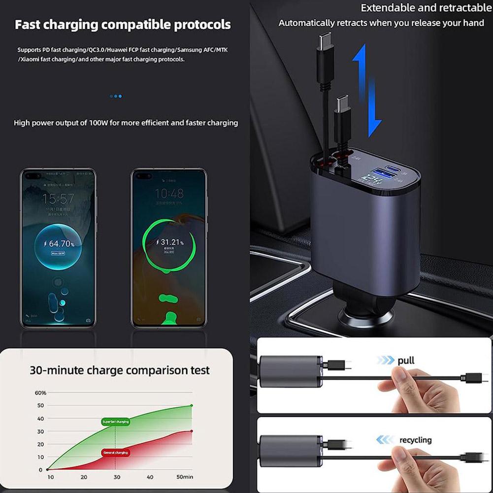 4 in 1 Retractable Charger شاحن سيارة 4 في 1 بسلك قابل للسحب – شحن سريع ومنظم لجميع أجهزتك في السعودية