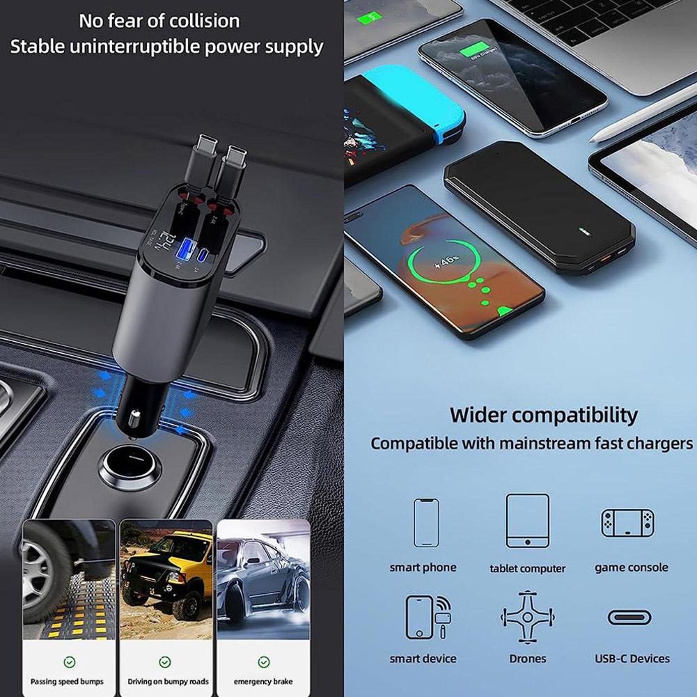 4 in 1 Retractable Charger شاحن سيارة 4 في 1 بسلك قابل للسحب – شحن سريع ومنظم لجميع أجهزتك في السعودية