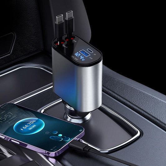 4 in 1 Retractable Charger شاحن سيارة 4 في 1 بسلك قابل للسحب – شحن سريع ومنظم لجميع أجهزتك في السعودية